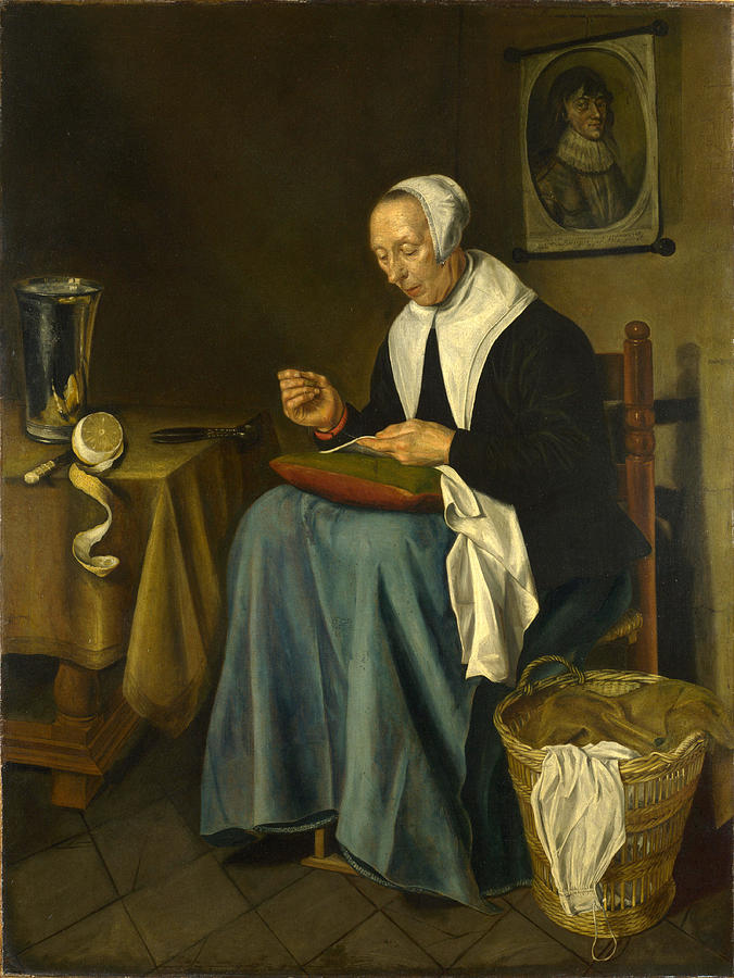 An Old Woman seated sewing Painting by Johannes van der Aack