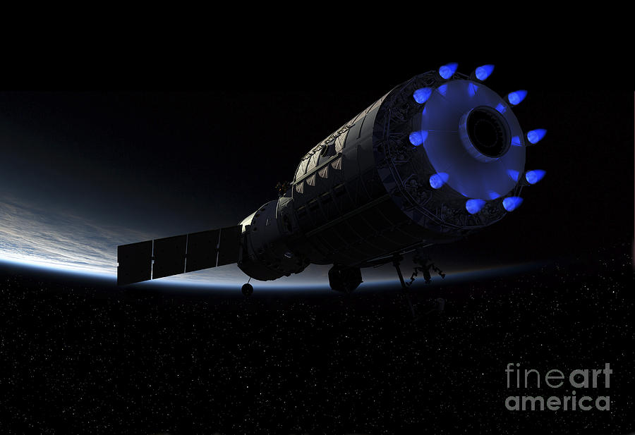 Space Digital Art - An Orbital Maintenance Platform Fires by Walter Myers