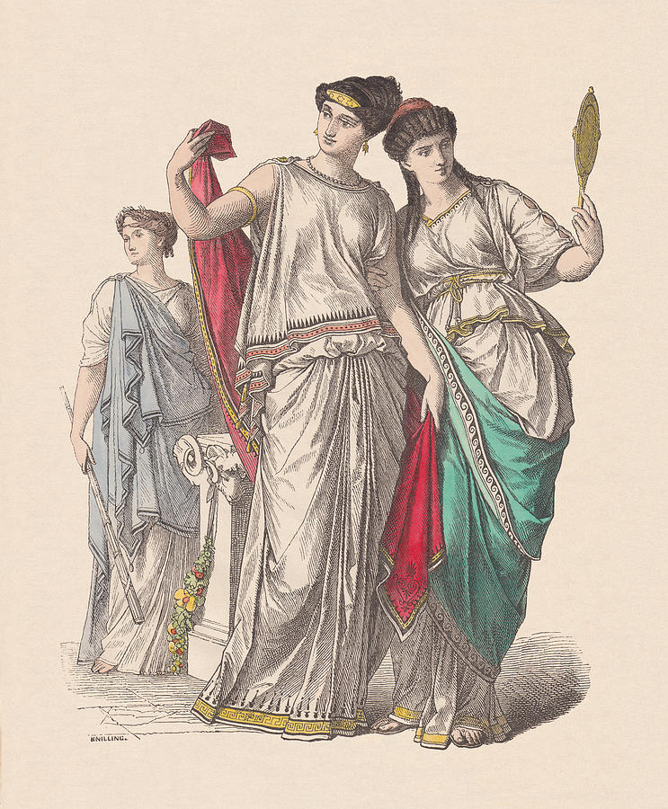 Ancient greek fashion: priestess (left), and noble ladies, published c.1880 Drawing by Zu_09