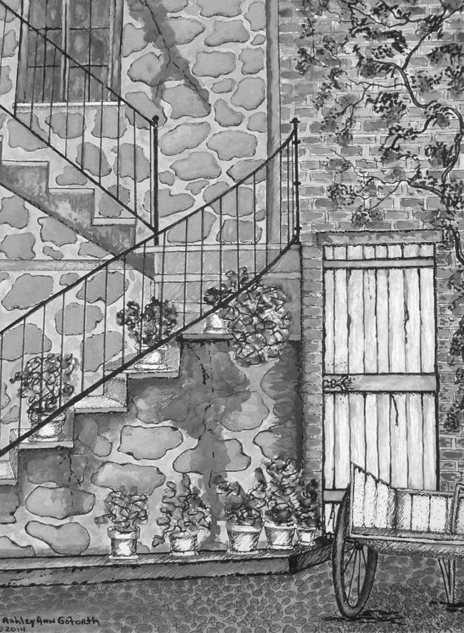 Ancient Grey Stone Residence Black and White Drawing by Ashley Goforth