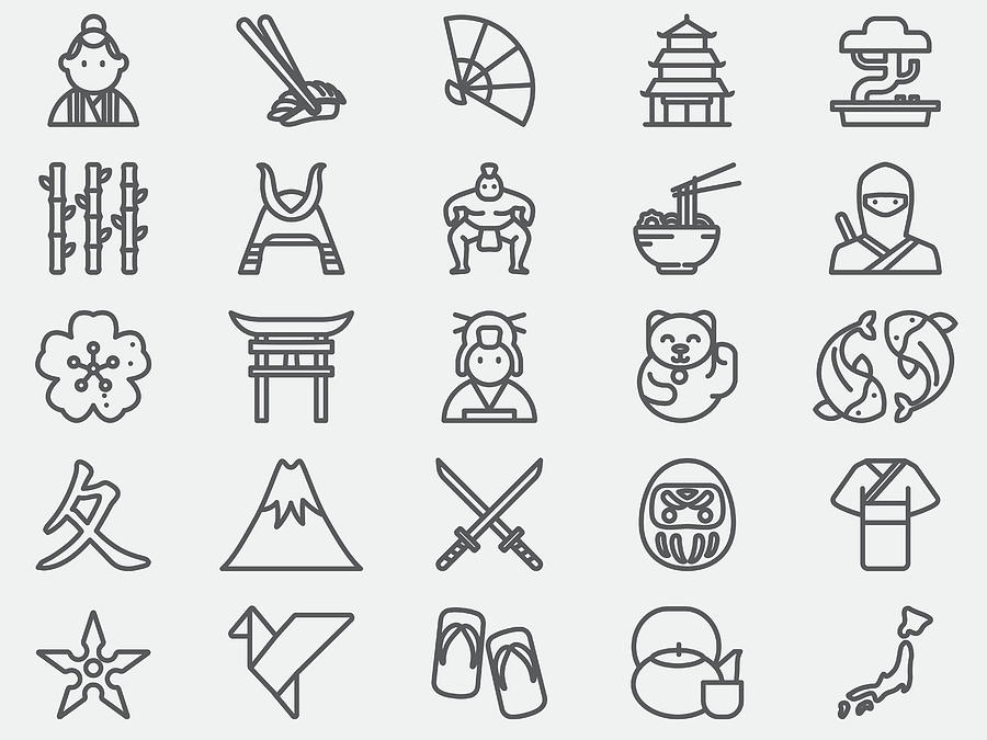 Ancient Japan Line Icons Drawing by LueratSatichob