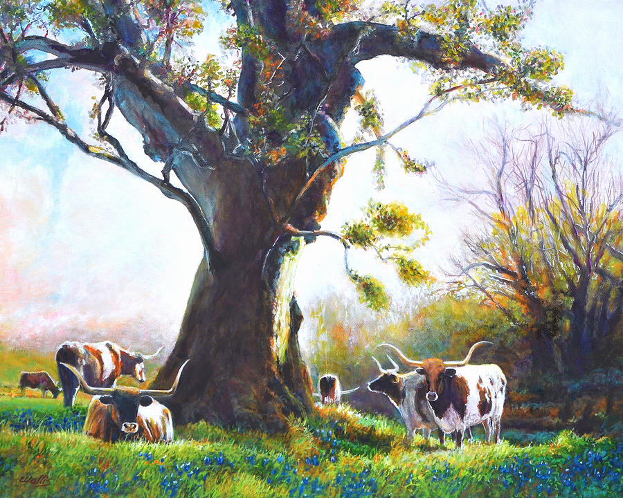 Oak Trees Painting - Ancient Oaks and Bluebonnets and Longhorns by Charles Wallis