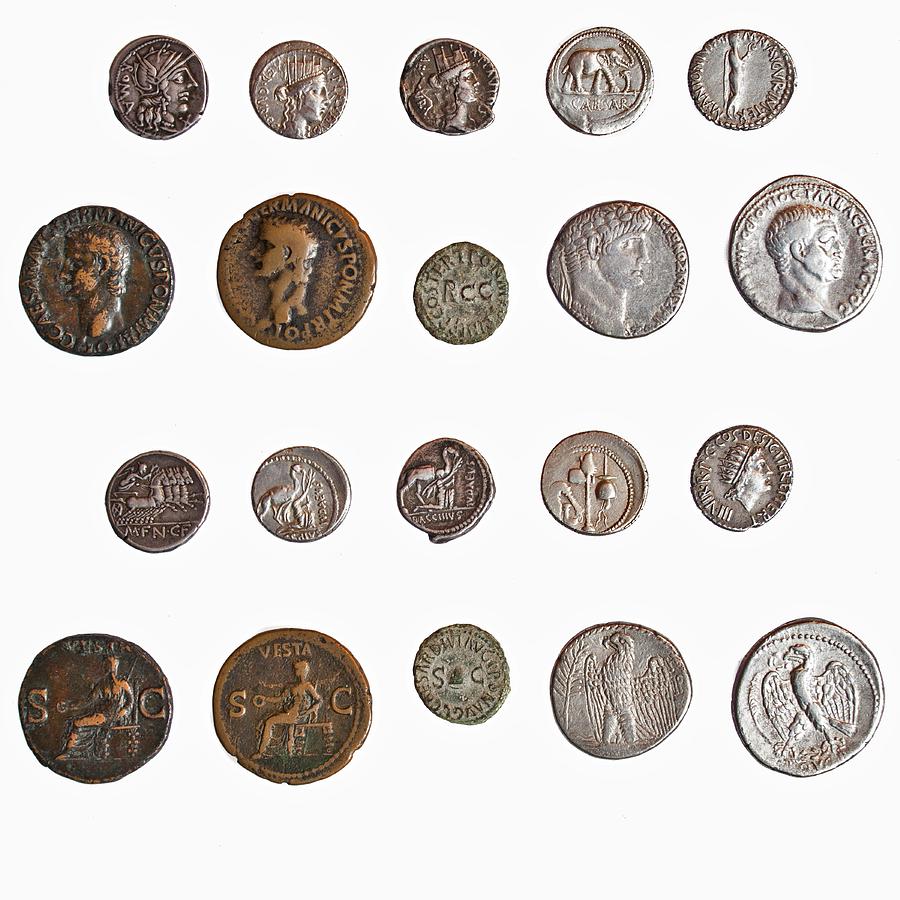 Still Life Photograph - Ancient Roman Coins by Science Photo Library