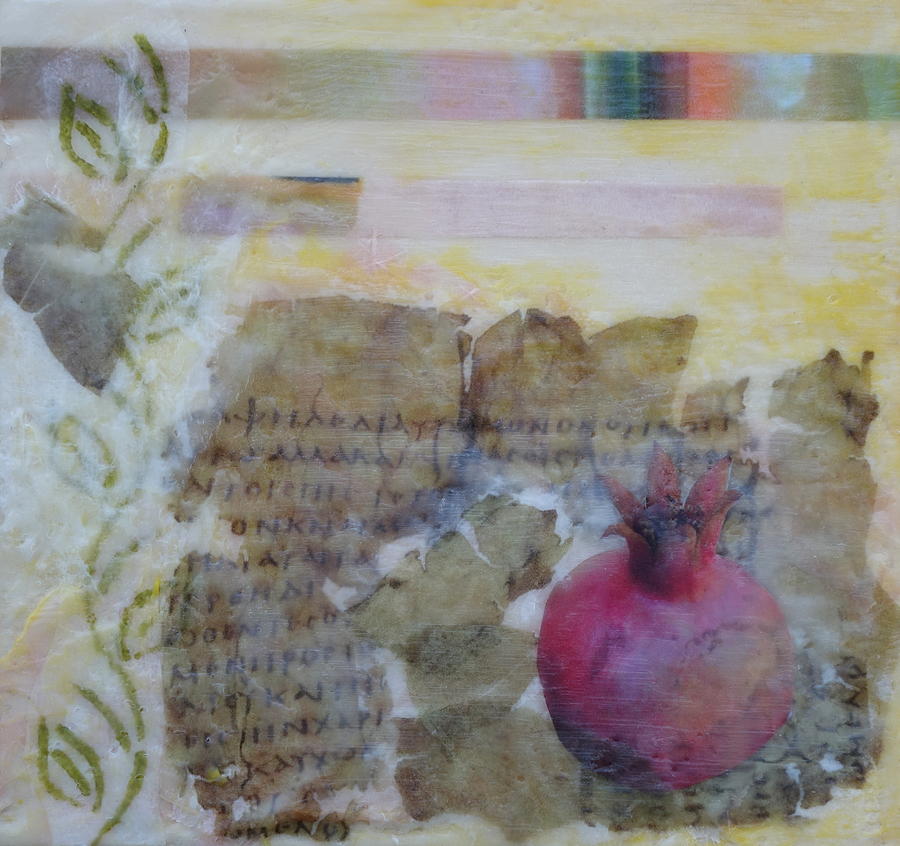 Ancient text with pomegranate Mixed Media by Rita Adams