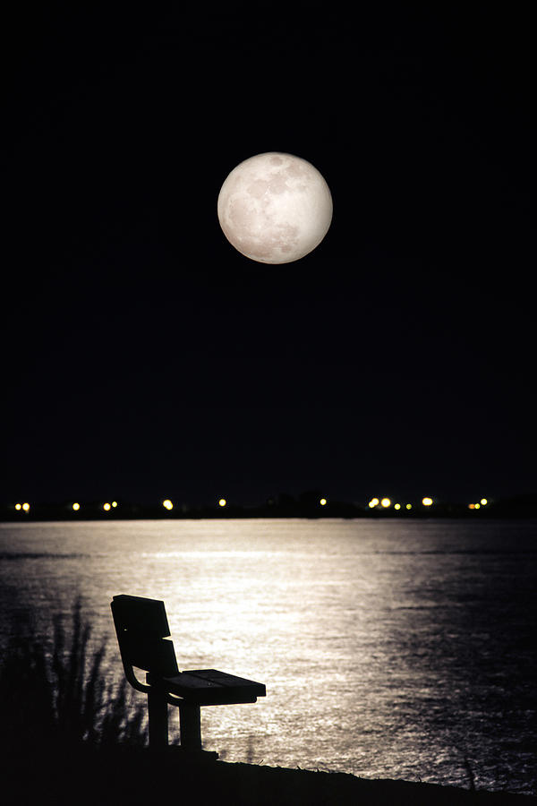 Black And White Photograph - And No One Was There - To See The Full Moon Over The Bay by Gary Heller