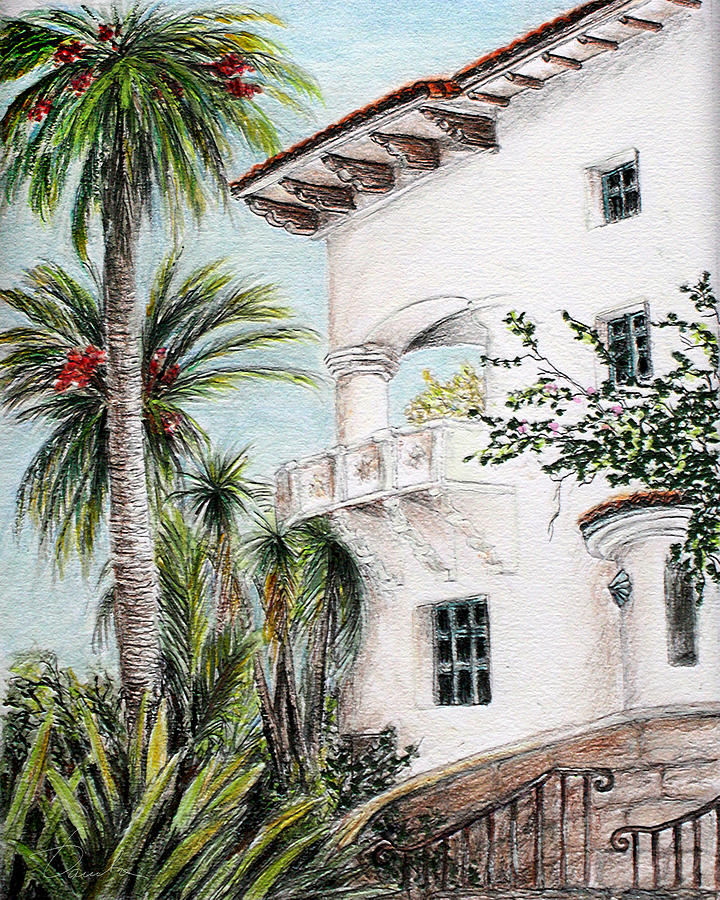 Andalusian fortress- Santa Barbara Courthouse balcony Drawing by Danuta Bennett