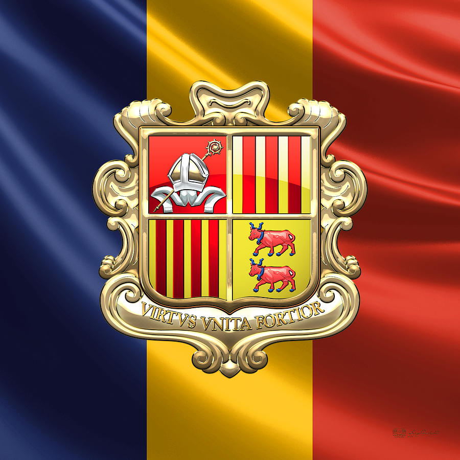 Andorra - Coat of Arms over Flag Digital Art by Serge Averbukh