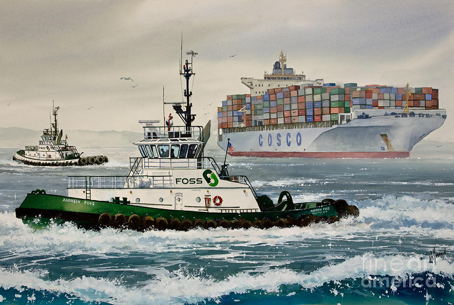 Seattle Waterfront Painting - ANDREW FOSS Assisting COSCO by James Williamson