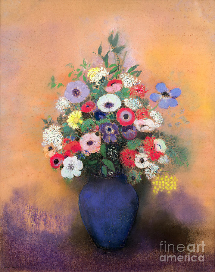 Anemones and lilac in a Blue Vase Painting by Odilon Redon