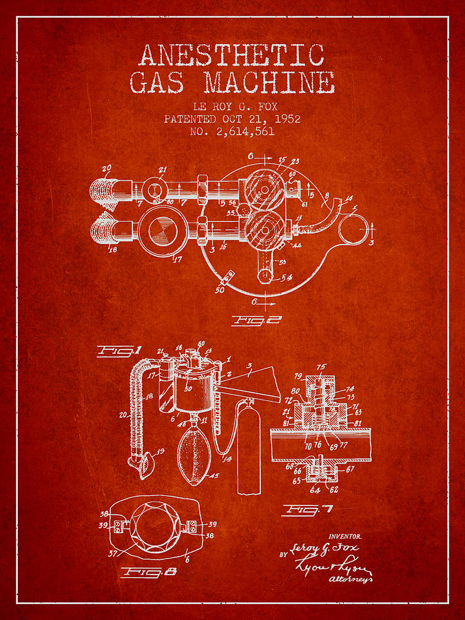 Vintage Digital Art - Anesthetic Gas Machine patent from 1952 - Red by Aged Pixel