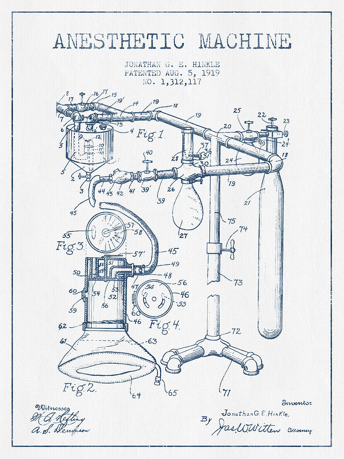 Vintage Digital Art - Anesthetic Machine patent from 1919 - Blue Ink by Aged Pixel