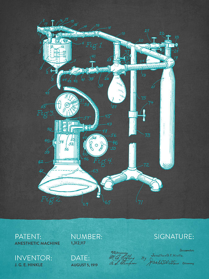 Vintage Digital Art - Anesthetic Machine patent from 1919 - Gray Turquoise by Aged Pixel