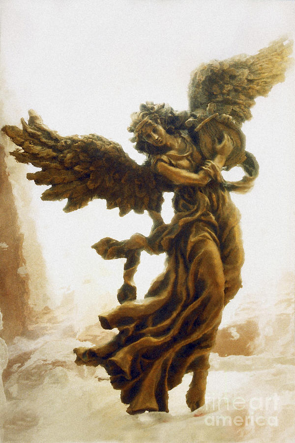 Angel Impressionistic Dreamy Surreal Golden Spiritual Angel Print Home Decor Digital Art by Kathy Fornal