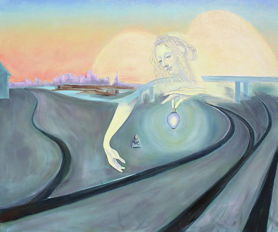 San Francisco Skyline Painting - Angel Bringing Light to Meditating Woman at the Train Tracks by Asha Carolyn Young