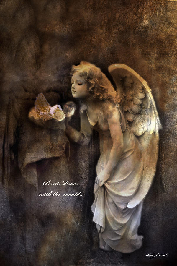 Angel Wings Photograph - Angel Girl Holding Dove Inspirational Angel Art - Be At Peace With The World by Kathy Fornal