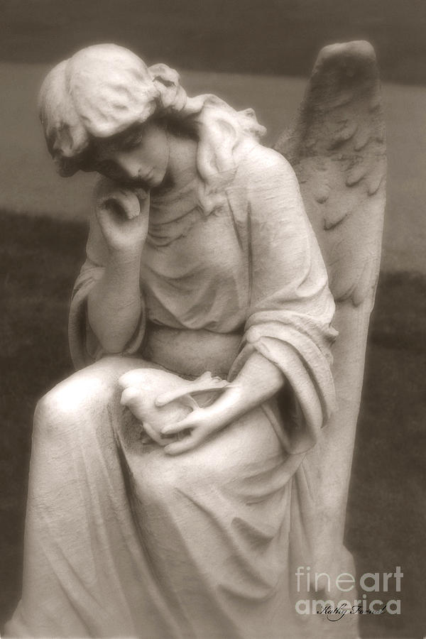 Cemetery Angels Photograph - Angel With Dove - Dreamy Serene Angel Holding Dove of Peace by Kathy Fornal