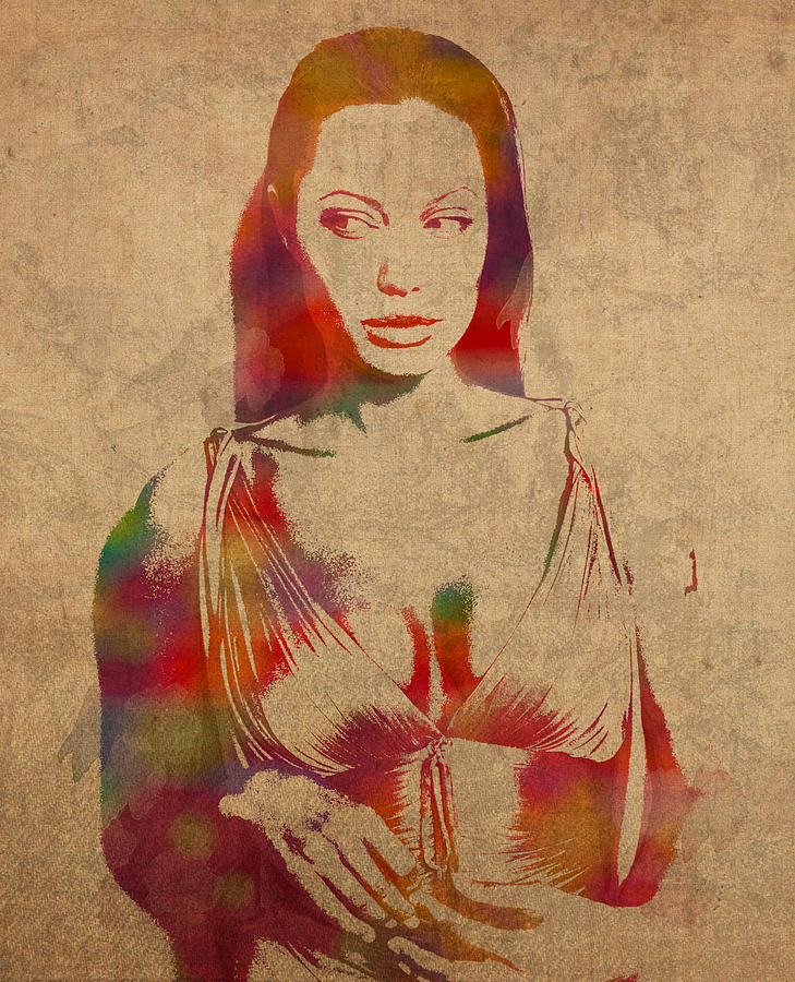 Angelina Jolie Mixed Media - Angelina Jolie Watercolor Portrait Painted on Worn Distressed Canvas by Design Turnpike
