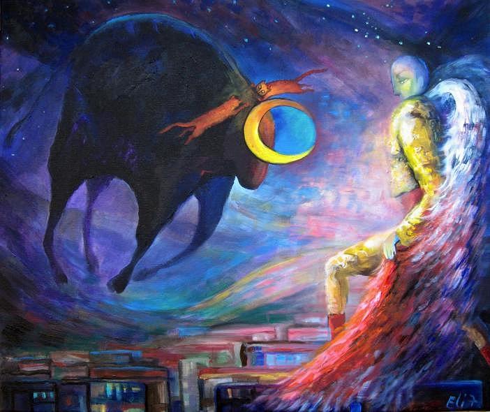 Cat Painting - Angels Of Zodiac Taurus The Bull by Elisheva Nesis