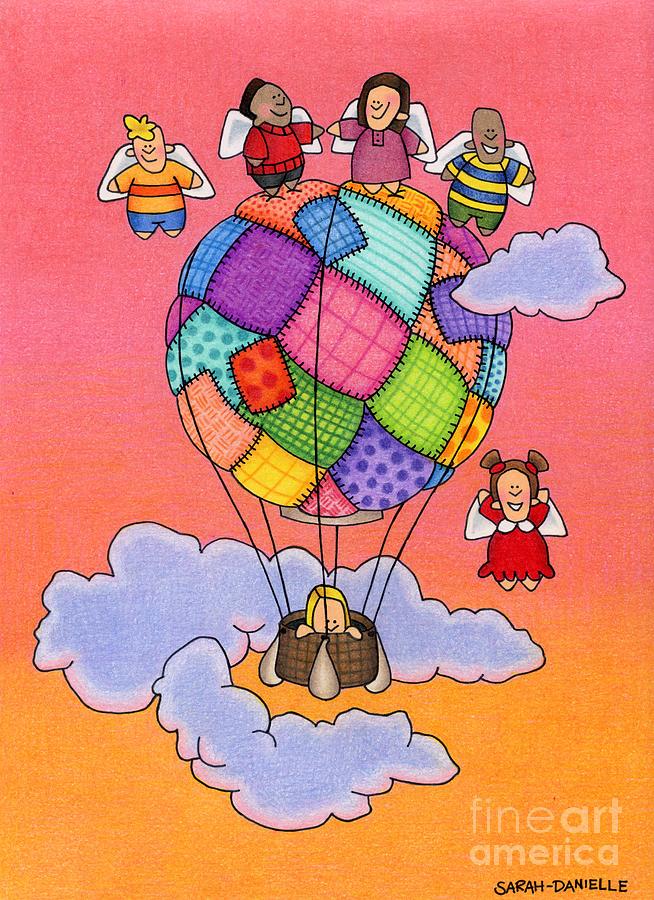 Sunset Drawing - Angels With Hot Air Balloon by Sarah Batalka