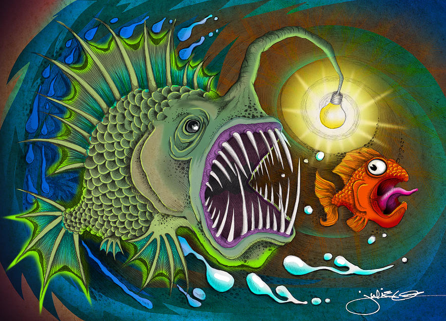 Кармическая рыба. Картина рыба удильщик. Фантастические рыбки. Рыбка с фонариком. Сказочная рыбка.