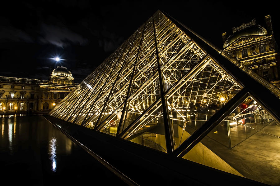 Angles and lines of the Louvres glass pyramid with a full moon Photograph by Sven Brogren