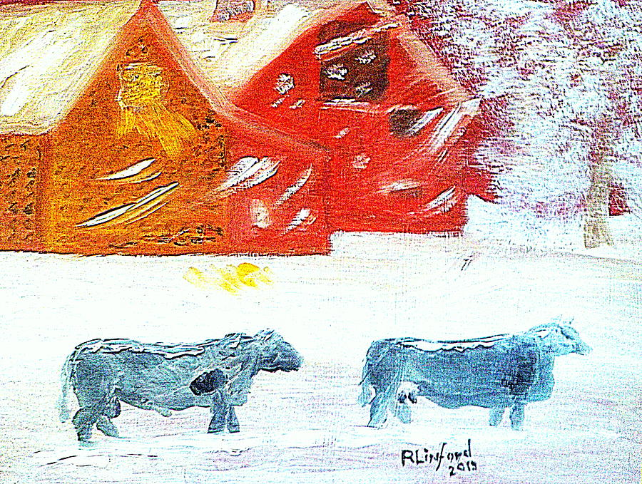Angus in Snow in Midway Utah 1 Painting by Richard W Linford