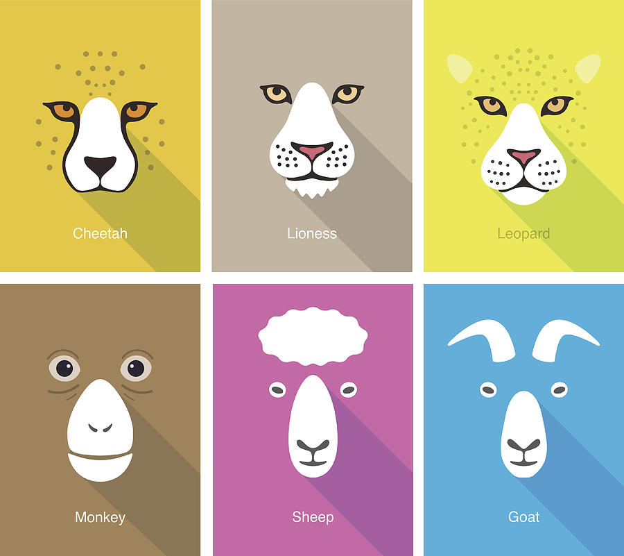 Animal Face Flat Icon Set Design, Vector Illustration Drawing by Hakule