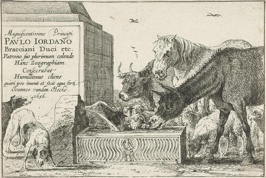 Horse Drawing - Animals At A Fountain, Jan Van Den Hecke by Jan Van Den Hecke (i)