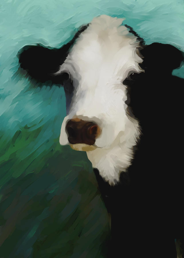 animals - cows Black and White Cow Painting by Ann Powell