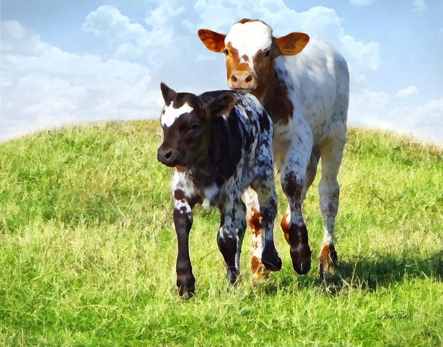 animals - cows - Playful Calves Painting by Ann Powell