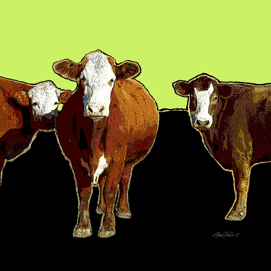 animals - cows - Pop Art Three on Green Digital Art by Ann Powell
