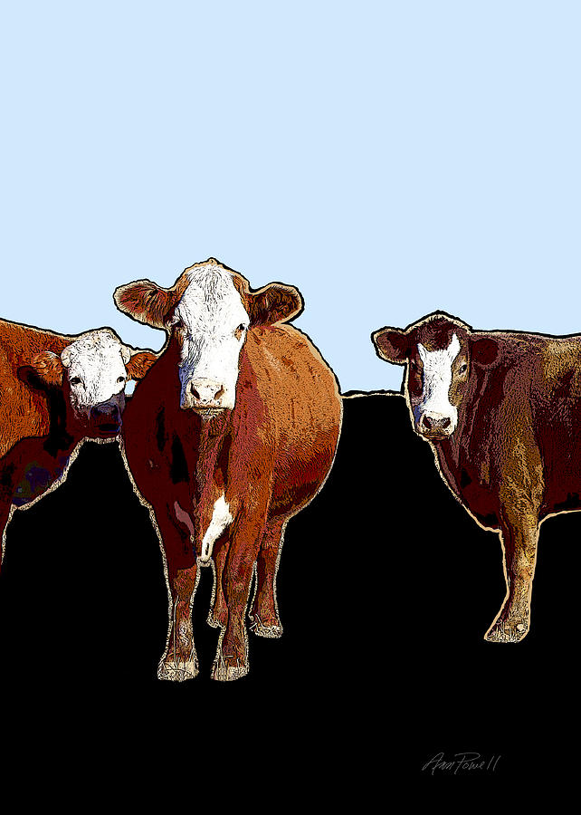 Animals Cows Three Pop Art with Blue Photograph by Ann Powell