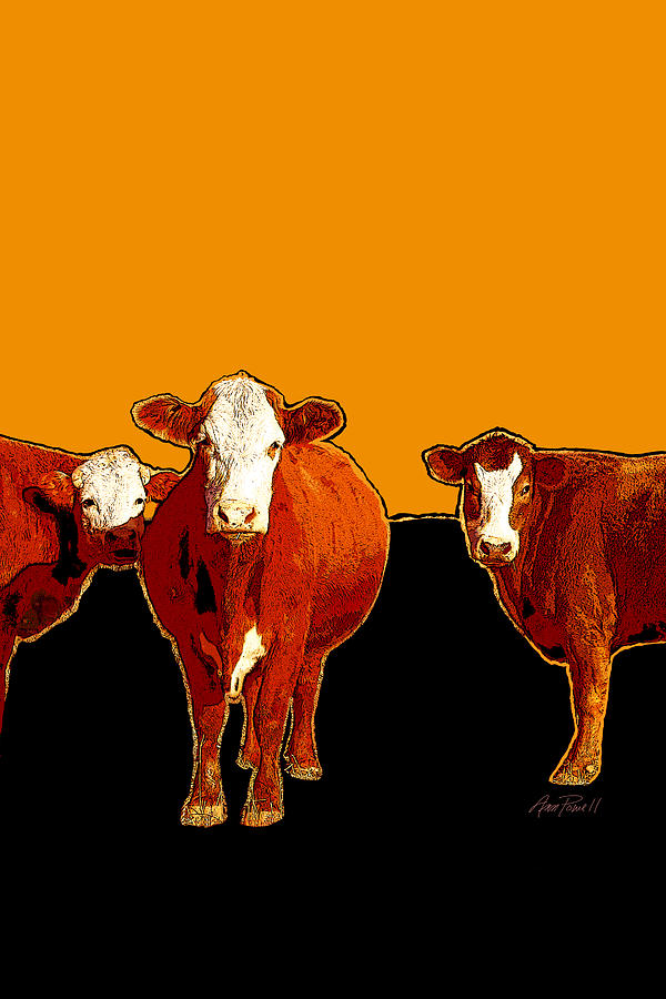 animals -cows Three Pop Art with Orange Digital Art by Ann Powell