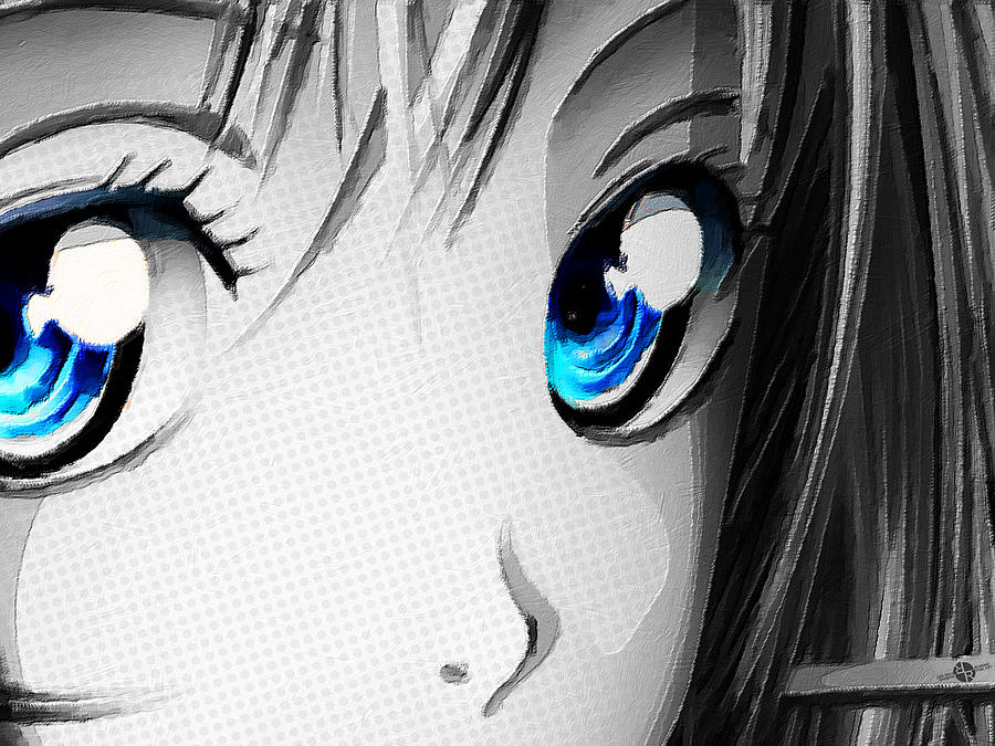 Anime Girl Eyes 2 Black And White Blue Eyes Painting by Tony Rubino