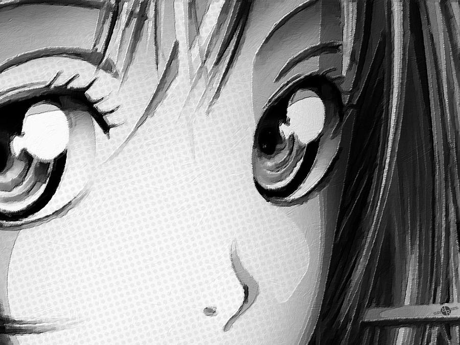 Abstract Painting - Anime Girl Eyes 2 Black And White by Tony Rubino