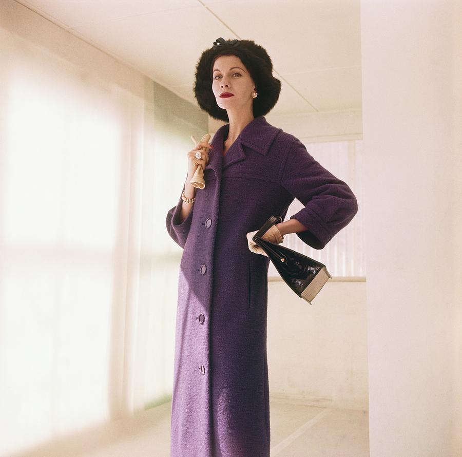 Anne St. Marie Wearing Purple Coat Photograph by Horst P. Horst