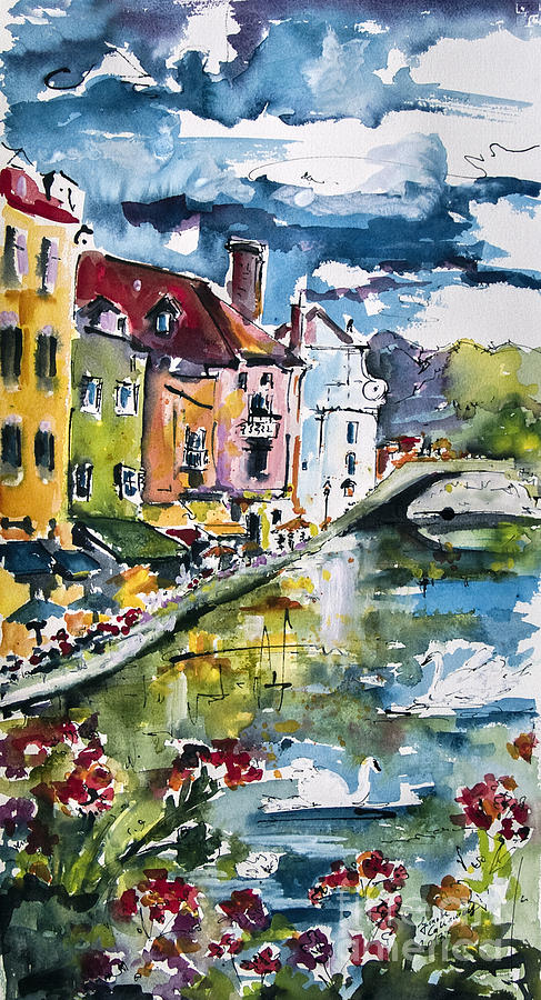Annecy Canal and Swans France Watercolor Painting by Ginette Callaway