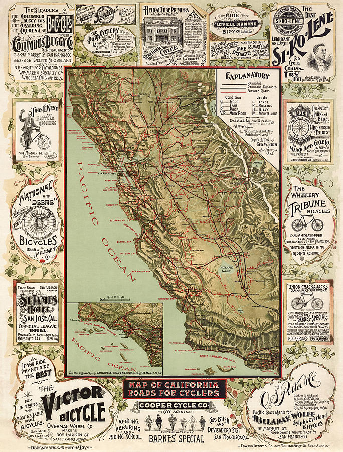 Antique Bicycle Map of California by George W. Blum - 1895 Drawing by Blue Monocle