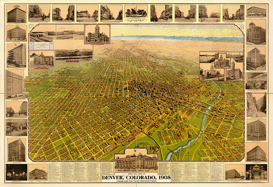 Antique Birds-Eye View Map of Denver 1908 Drawing by Mountain Dreams