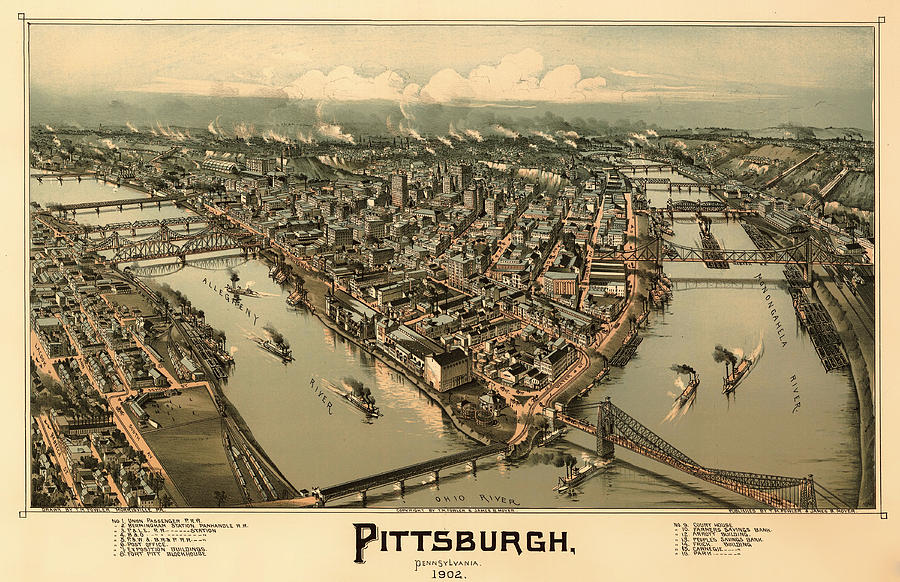 Map Drawing - Antique Birds-Eye View Map of Pittsburgh 1902 by Mountain Dreams