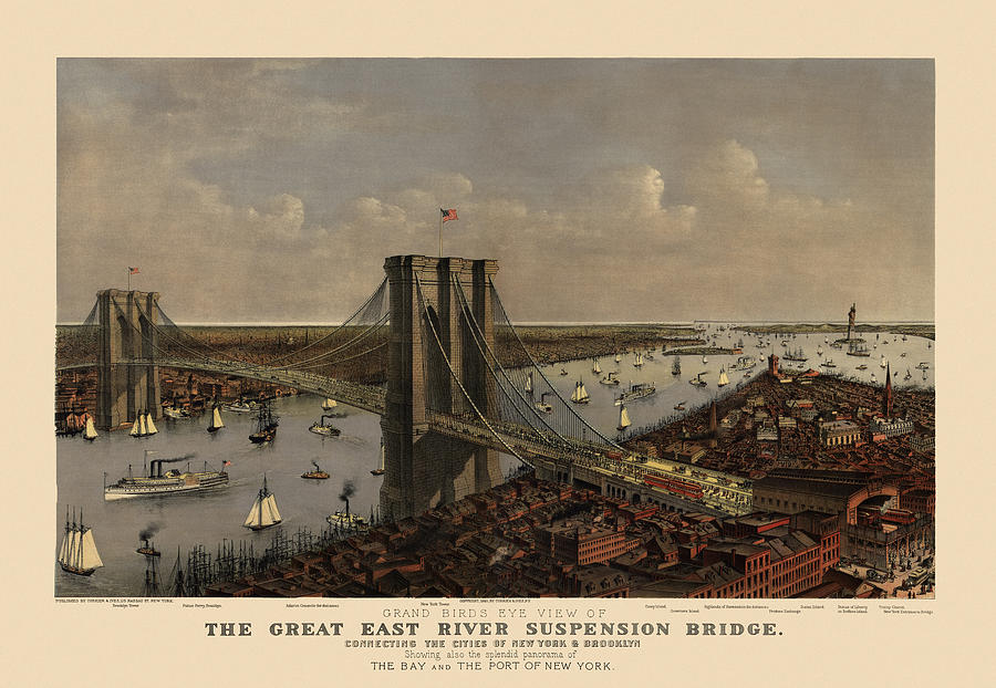 Currier And Ives Drawing - Antique Birds Eye View of the Brooklyn Bridge and New York City by Currier and Ives - 1885 by Blue Monocle