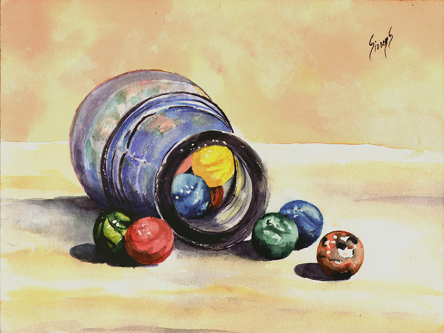 Bottle Painting - Antique Bottle with Marbles by Sam Sidders