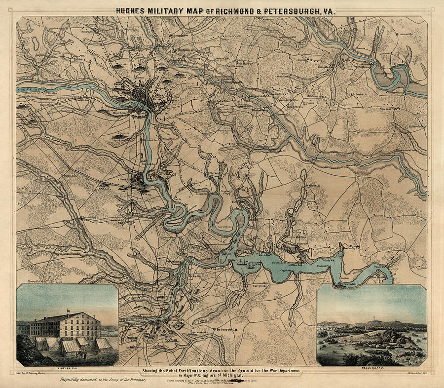 Antique Civil War Map of Richmond and Petersburg Virginia by William C. Hughes - circa 1864 Drawing by Blue Monocle