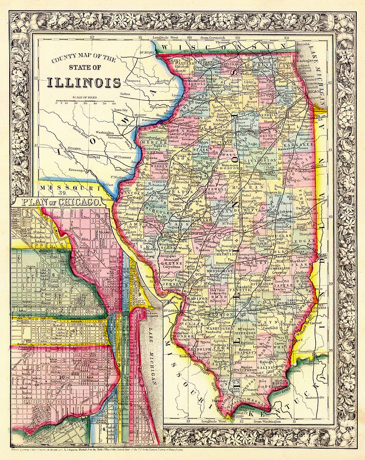 Map Drawing - Antique County Map of Illinois with Chicago Inset by Mountain Dreams