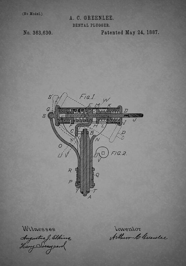 Vintage Drawing - Antique Dental Plugger Patent 1887 by Mountain Dreams
