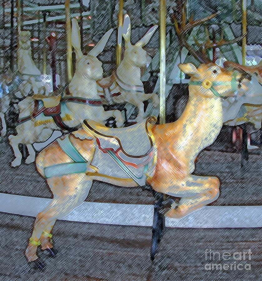 Antique Dentzel Menagerie Carousel Reindeer In Rochester New York With Colored Pencil Effect Photograph