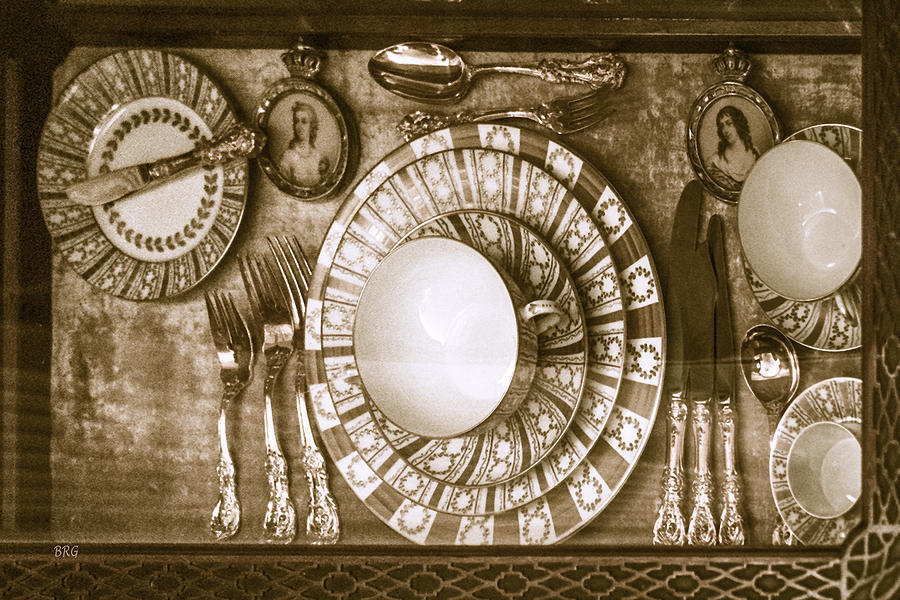 Vintage Photograph - Antique Dinnerware Set In Display Cabinet by Ben and Raisa Gertsberg