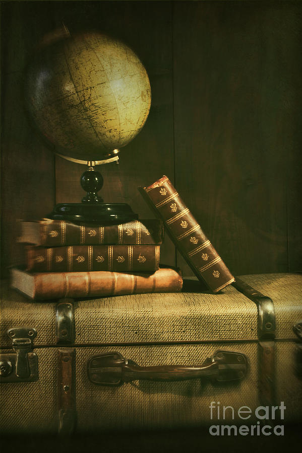 Antique globe with books and suitscase Photograph by Sandra Cunningham