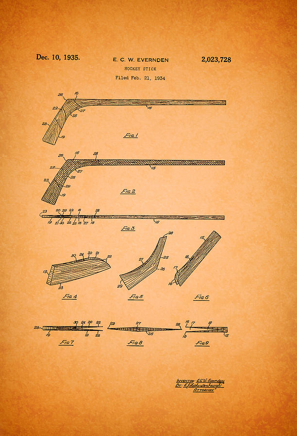 Vintage Drawing - Antique Hockey Stick Patent 1935 by Mountain Dreams