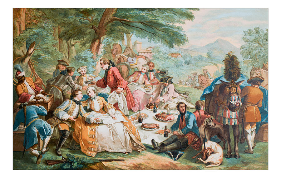 Antique illustration of outdoor party lunch during hunting Drawing by Ilbusca
